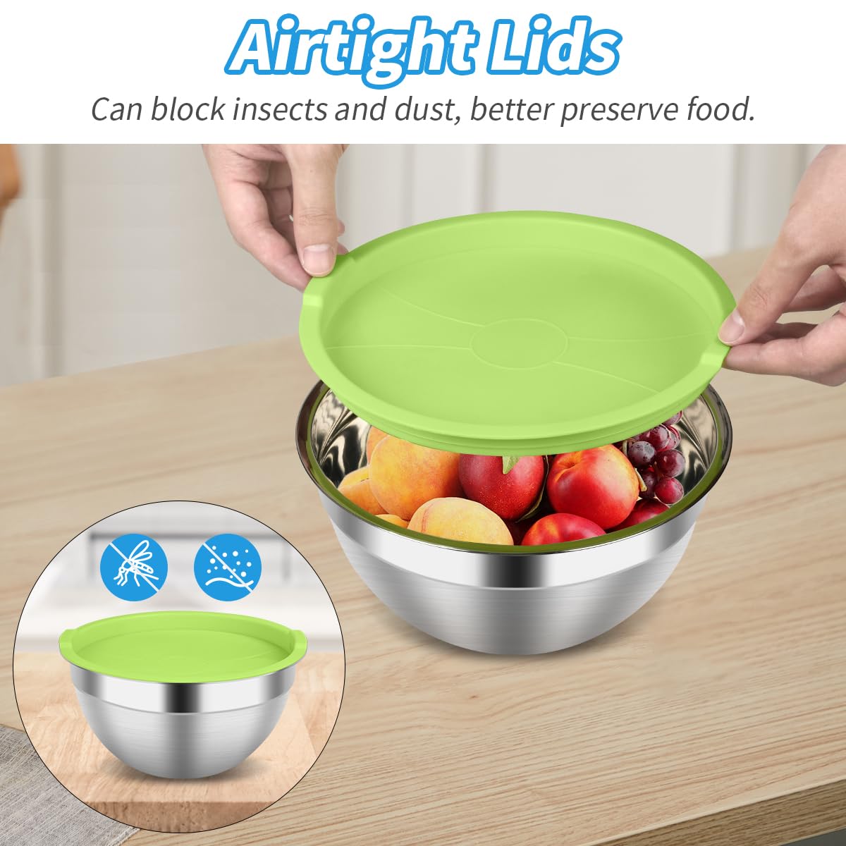 Set di 3 ciotole rotonde in acciaio inox con coperchi ermetici, ciotole da portata in metallo per cottura, cottura, preparazione, conservazione degli alimenti