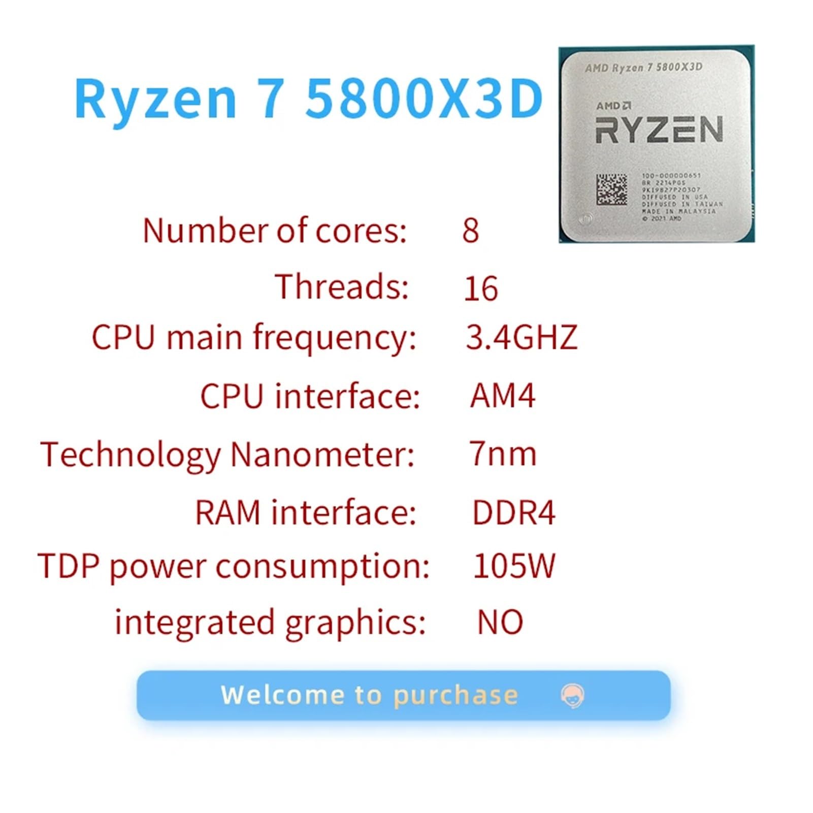 Amazon.com: AMD Ryzen 7 5800X3D R7 5800X3D 3.4 GHz 8-Core 16