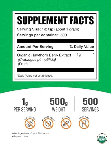 Miniatura 2 de BulkSupplements. com Polvo orgánico de extracto de bayas de espino  Suplemento de bayas de espino  sin hierbas y gluten, 0.04 oz por porción, 17.64
