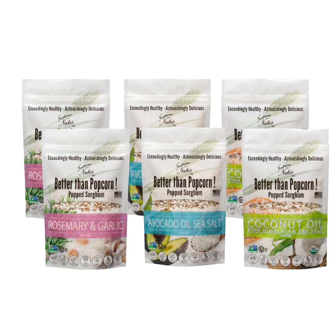 Nature Nate’s Popped Sorghum, Variety Multi Pack - Organic Sorghum, Keto & Gluten Free, Healthy Snacks, Better Than Popcorn, Made in USA - 2 Ounce (Pack of 6)
