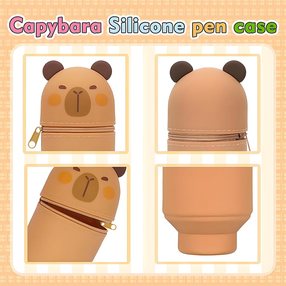 CYGMRFH Capybara Silicone Pencil Cartoon Animals Foldable 2-in-1 Pouch Set with 6 Retractable Pens Keychain and Stickers Pen Holder with Keychain Pen Stickers Study Supplies Gift - Image 4