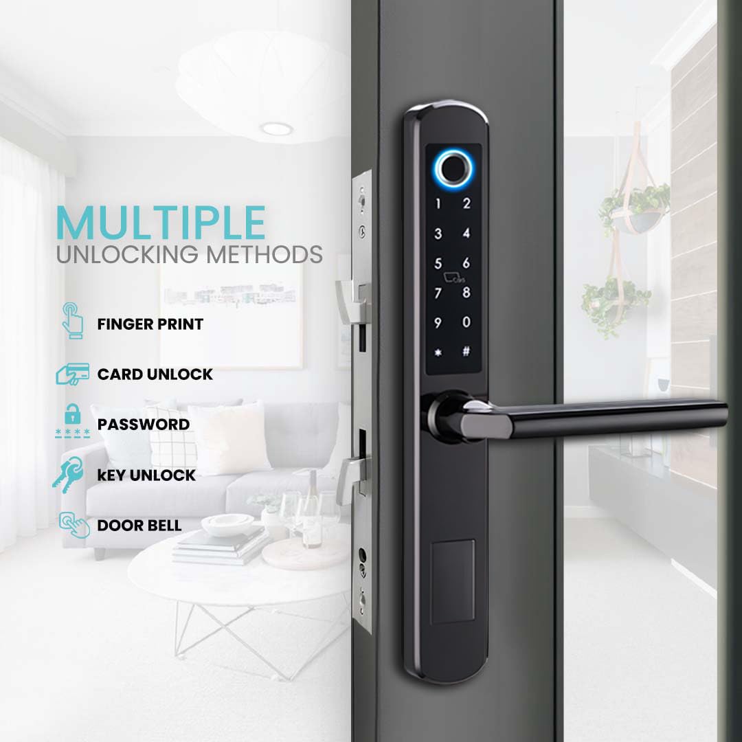Cerradura de puerta corredera Wi-Fi: huella dactilar, control de aplicación Tuya, entrada sin llave, bloqueo automático, teclado/tarjeta IC, color negro