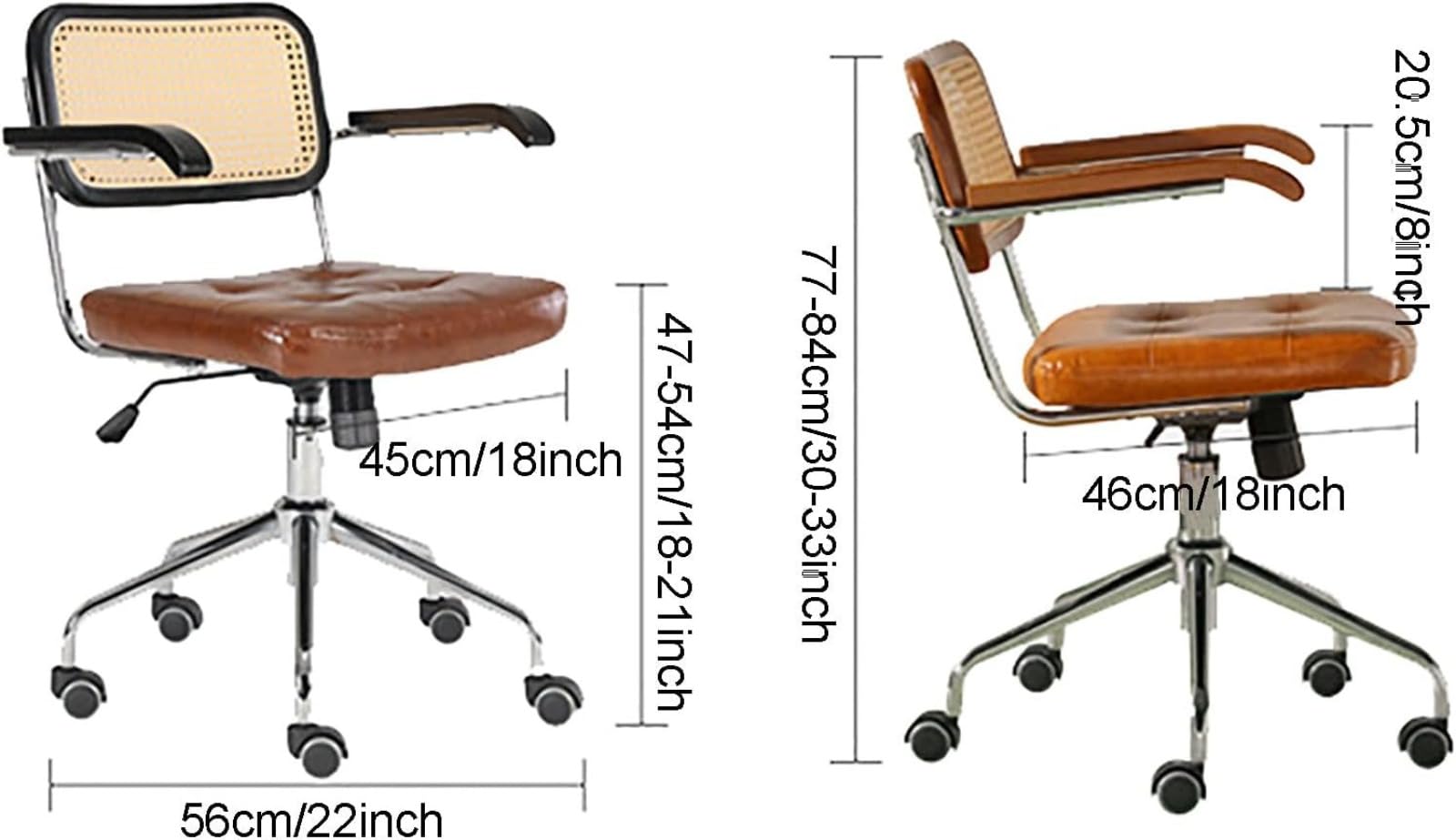 Sedia da ufficio in rattan con seduta in pelle PU, base girevole regolabile, schienale in tessuto traspirante, robusto telaio cromato, braccioli ergonomici, ruote scorrevoli