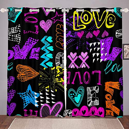 Erosebridal Love Curtain Panels Colourful Romantic Heart Window Treatments Graffiti Hippie Window Drapes For Kids Boys Girls Teens Punk Style Window Curtains 84W X84L Purple Black #TOP15