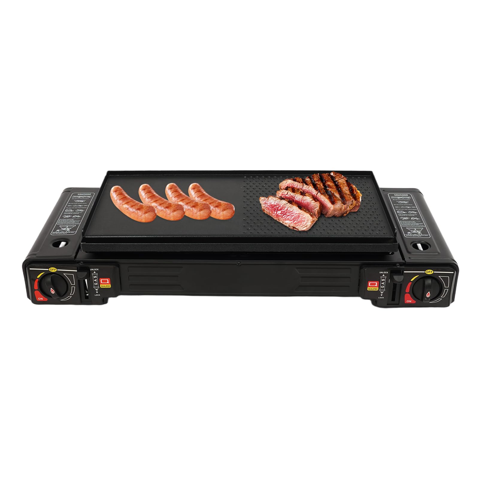 Hornillo portátil de camping con 2 fuegos, hornillo de camping al aire libre, estufa de gas, placa de barbacoa, maletín de alta potencia y seguridad, para familias y aventuras para fiestas de barbacoa