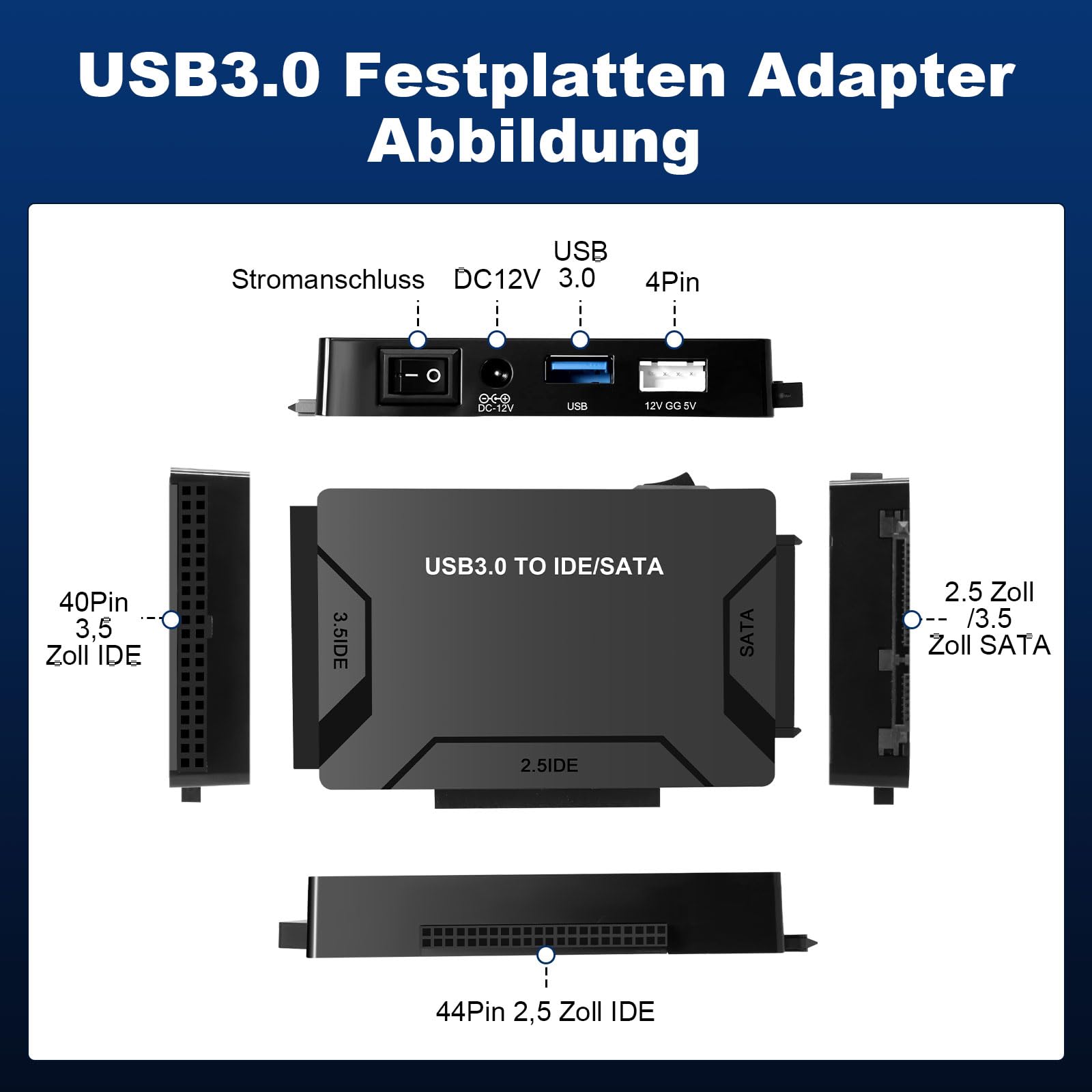 ADATTATORE IDE/SATA a USB 3.0 per HDD 2,5/3,5 pollici su Windows 11/10/8/7/XP/Vista, Mac OS, Linux con cavo SATA e USB, alimentatore 2A