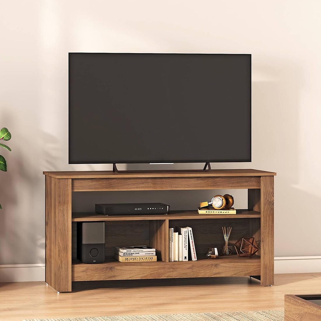 Levon Artisan Solid Mango Wood TV Unit with Open Storage Shelves Modern Entertainment Console Walnut Finish-image-1
