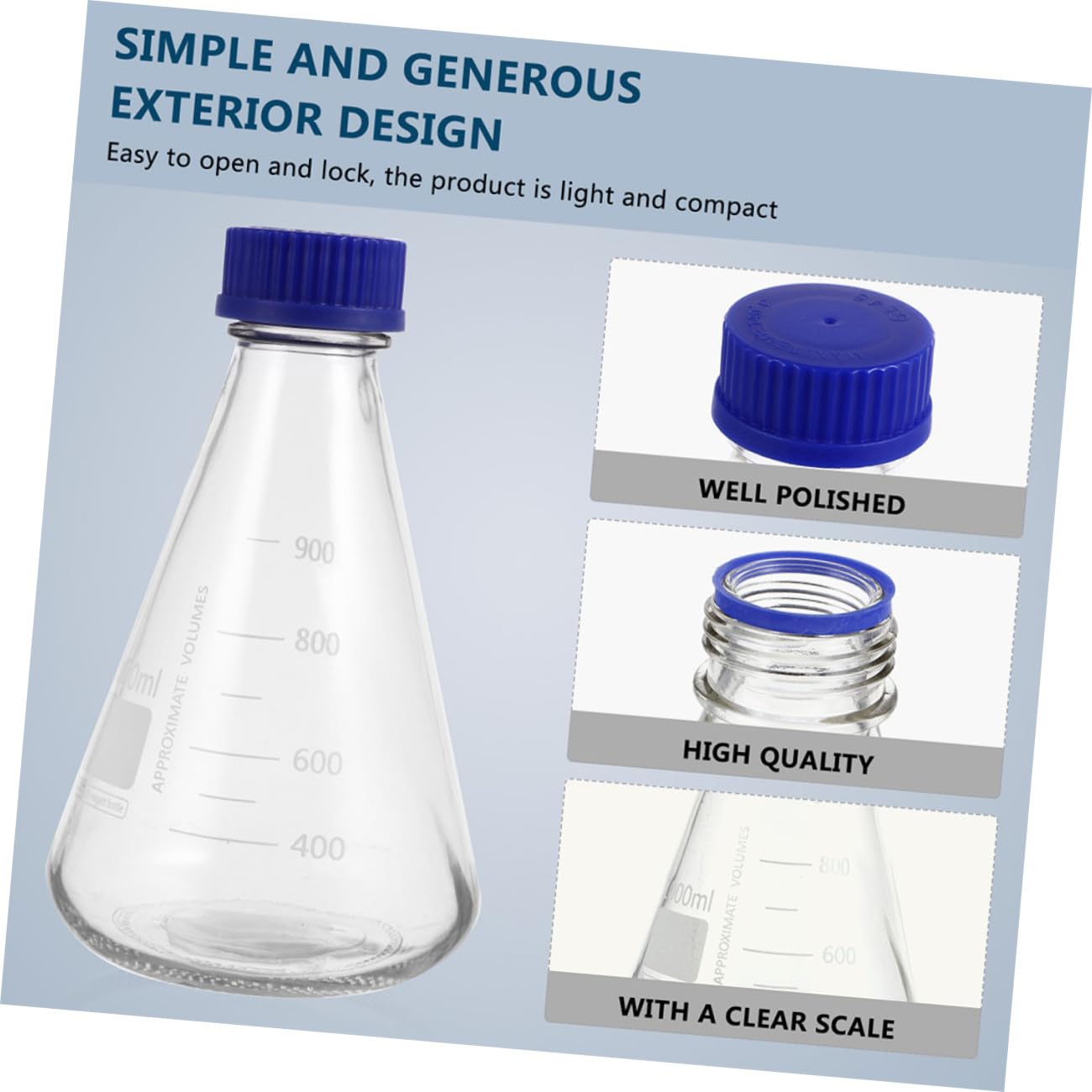 Set 2 Pezzi Bottiglie Coniche per Reagenti in Vetro Borosilicato da 1000ml Tappo, Graduato e Stabile, per Laboratori e Lezioni Scientifiche