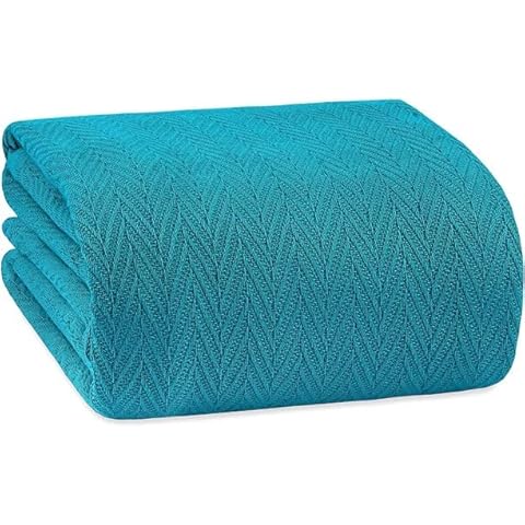 EUROTEX 100% Cotton Blankets King Size for Bed - 405GSM Herringbone Weave Fall Throw Blankets for All Seasons, Teal Soft Lightweight Woven Blankets, 108x90 inches Cover