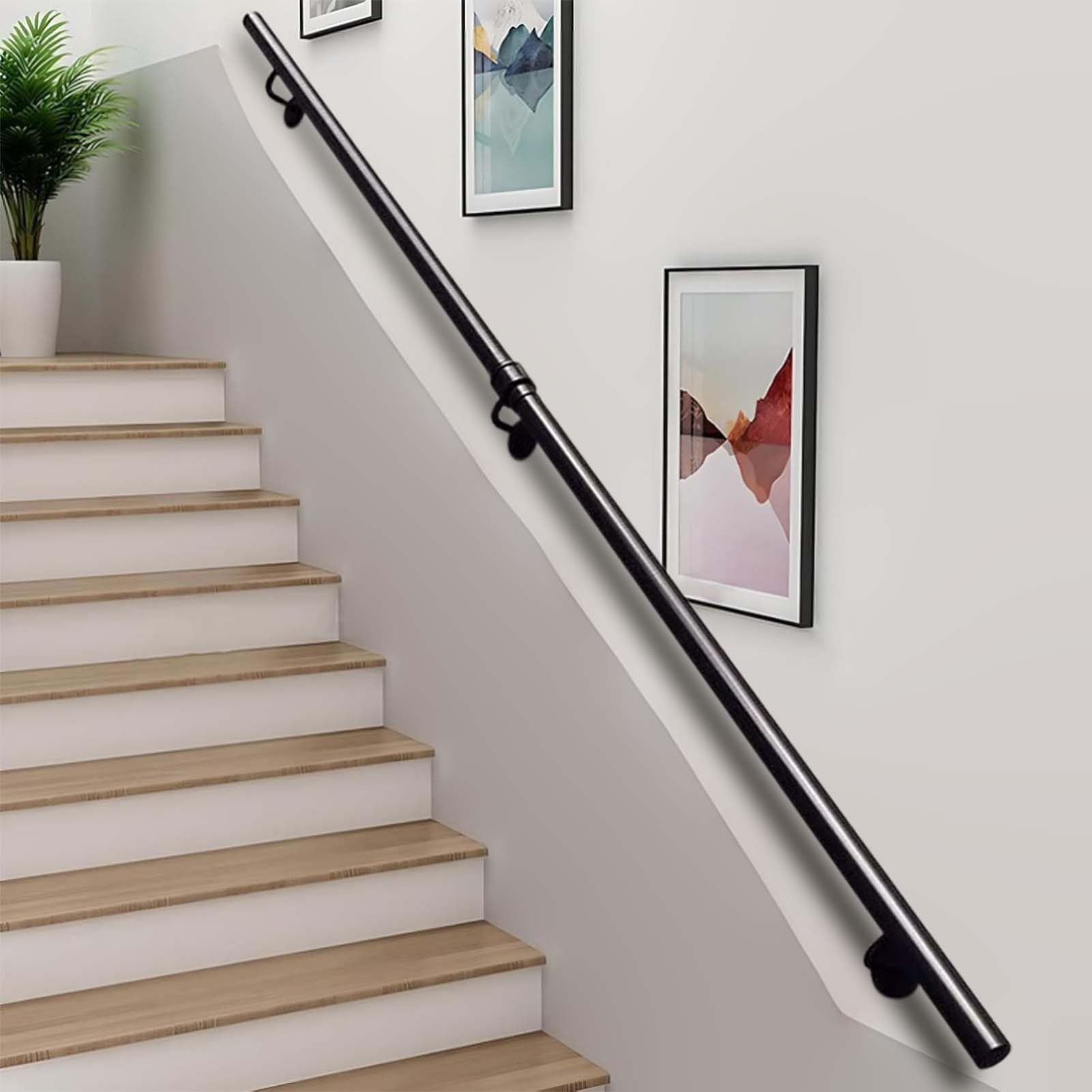 FKXSXAZ Modern Handrail for Stairs - 1m 150cm 2m 240cm 3m 6m Staircase Banister Railing Black Metal Wrought Iron Wall Support, Non-Slip Balustrade Safety Grab Bar with Brackets Kit(2.6ft/8
