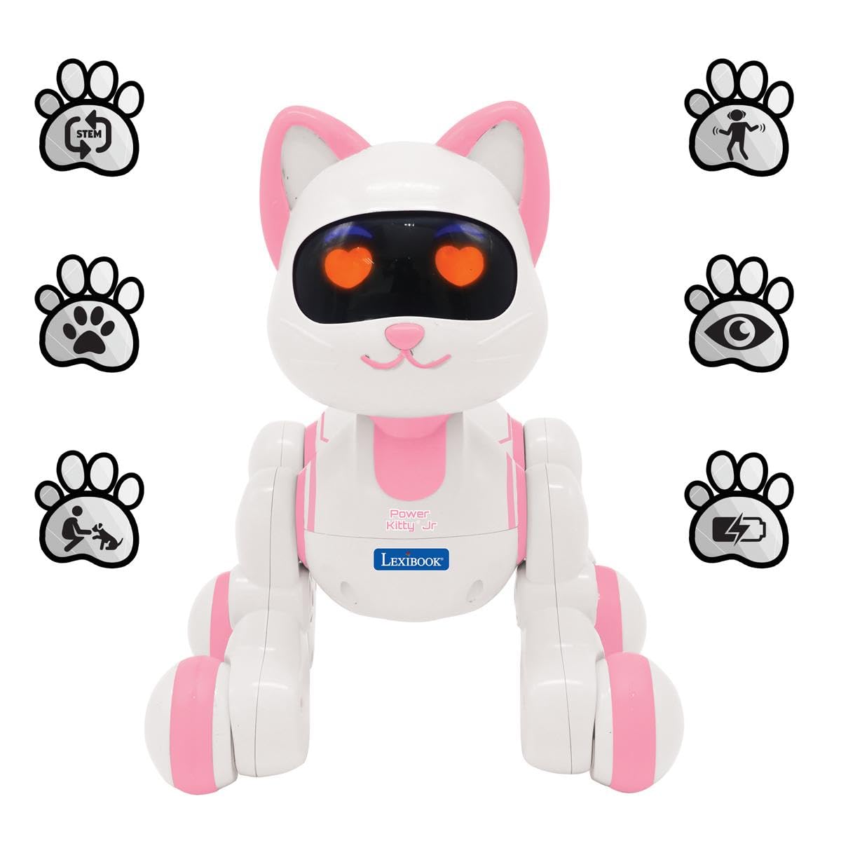 Lexibook, Power Kitty Jr., Gatto telecomandato da addestrare, Si dimena Come Un Vero Gatto, Occhi interattivi, STEM programmabile, Batteria Ricaricabile, Rosa/Bianco, KIT01LXB