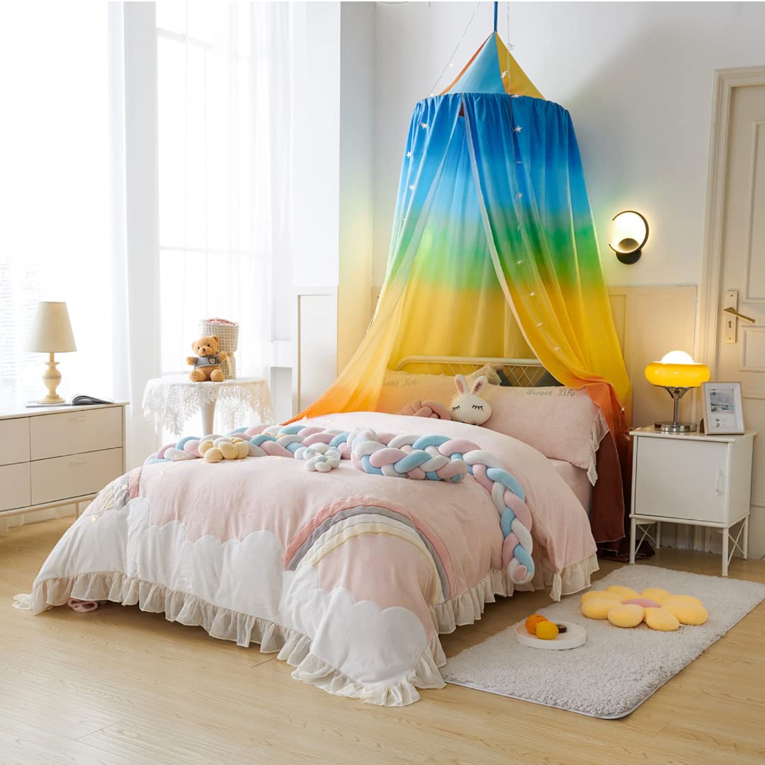 Himmelbett-Vorhänge, runder Kuppelhimmel, Verdunkelung, Mückenschutz, Moskitonetz mit Stern-Lichterkette, Farbverlauf (Regenbogen-Farbverlauf)