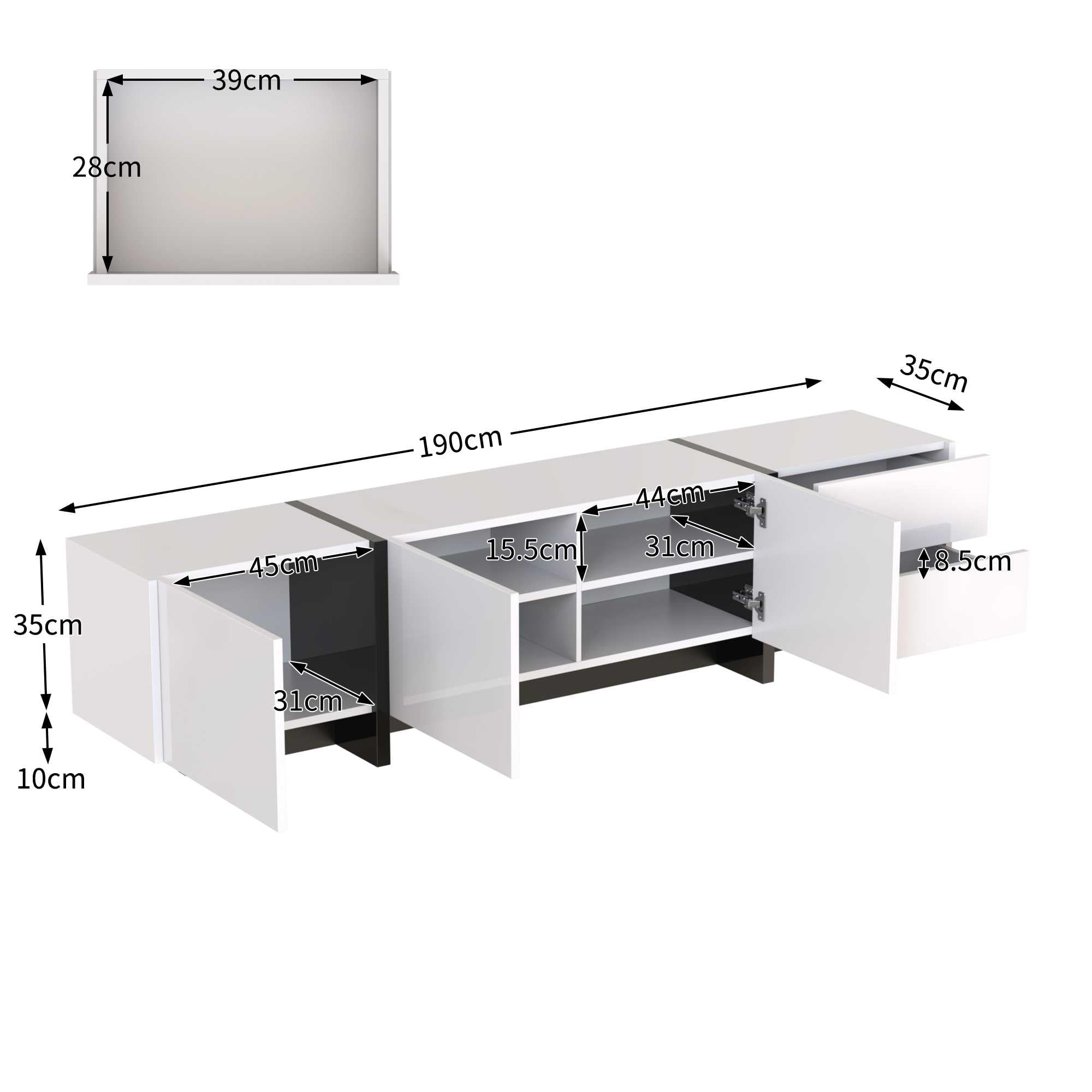 Meuble TV Blanc Et Noir 190x40x42cm - 3 Tiroirs + 2 Compartiments, Design Moderne Brillant