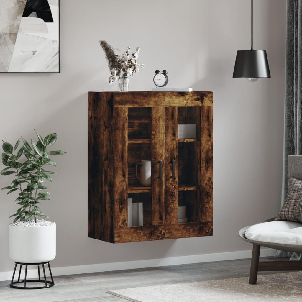 Armario de pared de roble ahumado 69,5 x 34 x 90 cm, armario colgante con puertas de cristal de madera, armario flotante moderno para dormitorio y estudio