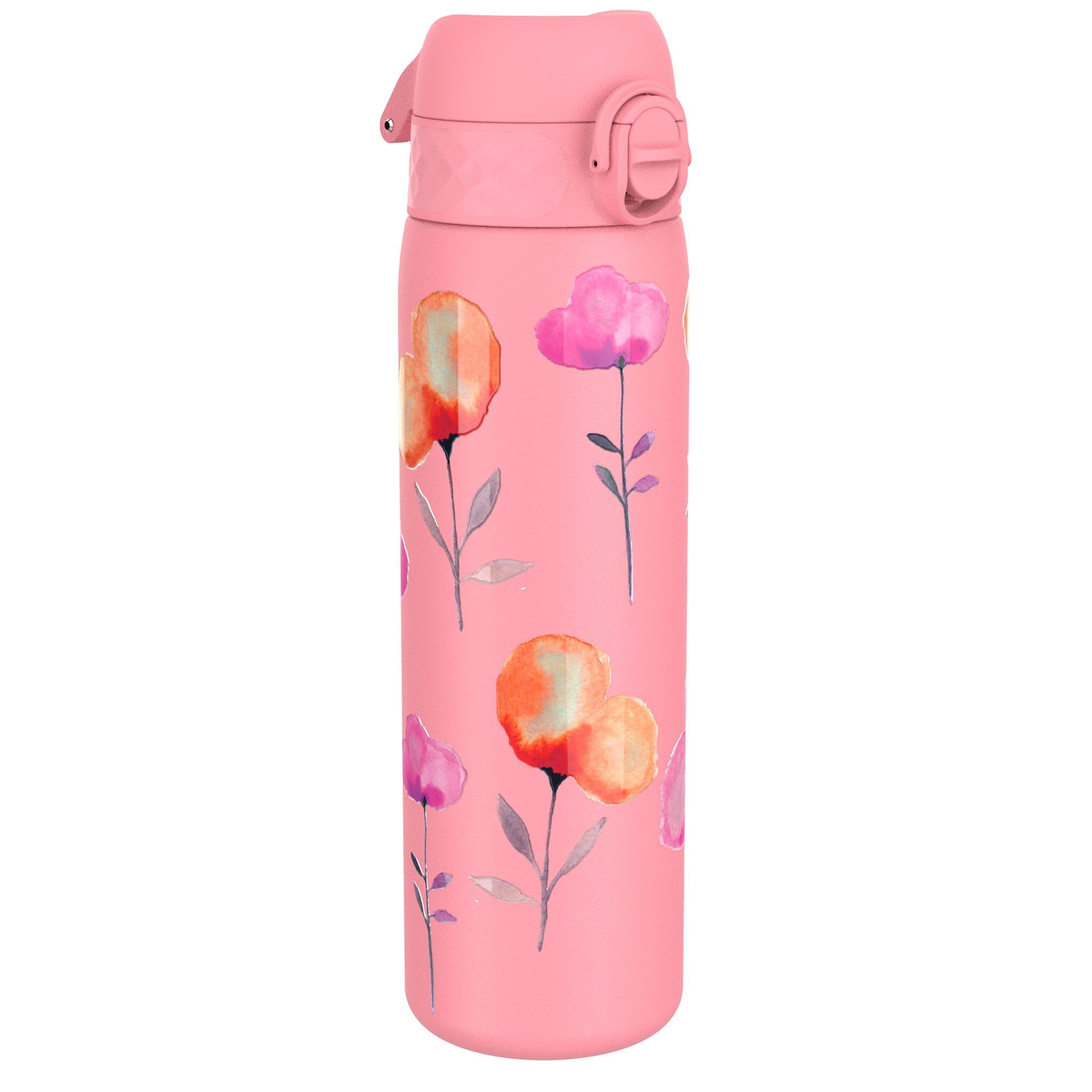 ion8 Leicht Stahl-Trinkflasche, 600 ml, Nicht IsoliertAuslaufsicher, Einhandöffnung, Sichere Verriegelung, Spülmaschinenfest, Klappdeckel, Tragegriff, Leicht zu Reinigen, Blume-Design