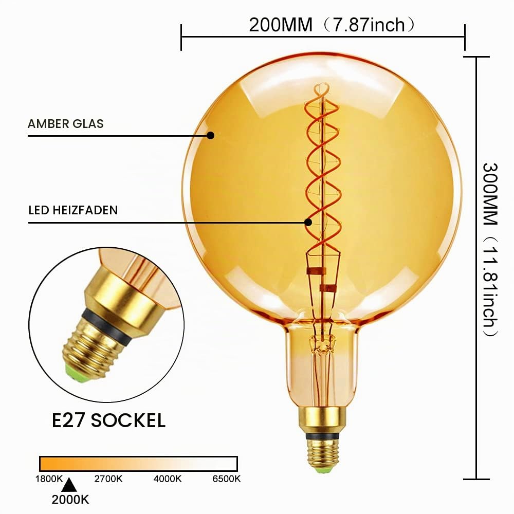 Großer Globus Vintage Led Birne φ200mm G200 Riesige Edison Birne 6W Dimmbare LED Spezial Dekorative Glühbirne 220-240V E27 (Gold)