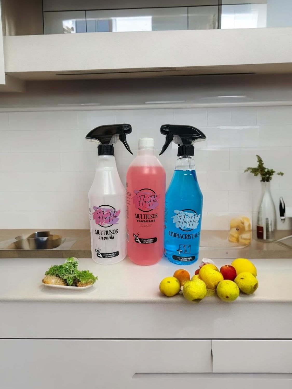 KIMIA - Pack FluFlu Limpieza Completa | Multiusos Concentrado Limpieza Profunda 1L + Limpia Cristales Secado Ultrarrápido 750 ml + Botella Vacía para Disolución 750ml | Limpia, Desinfecta y Aromatiza