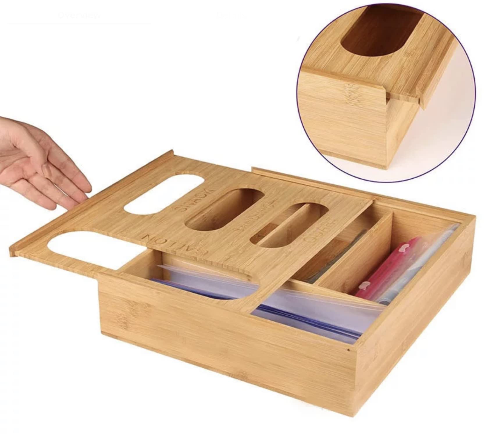 Organizador De Bolsas Ziplock, Contenedor Mejorado De Bambú Con Cierre De Cremallera Para Cajón, Dispensador De Bolsas De Almacenamiento De Alimentos Compatibles Con Ziploc, Hefty, Solimo, Glad, Para