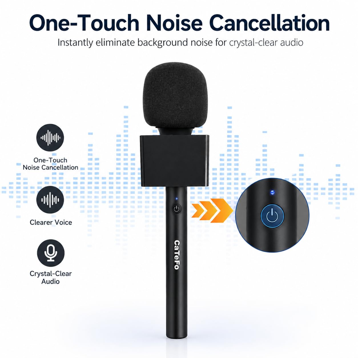 Micrófono de mano inalámbrico con alcance de 200 m, batería de 60 horas, reducción de ruido con un solo clic y compatibilidad universal para smartphones, PC, iOS/Android, incluye parabrisas y