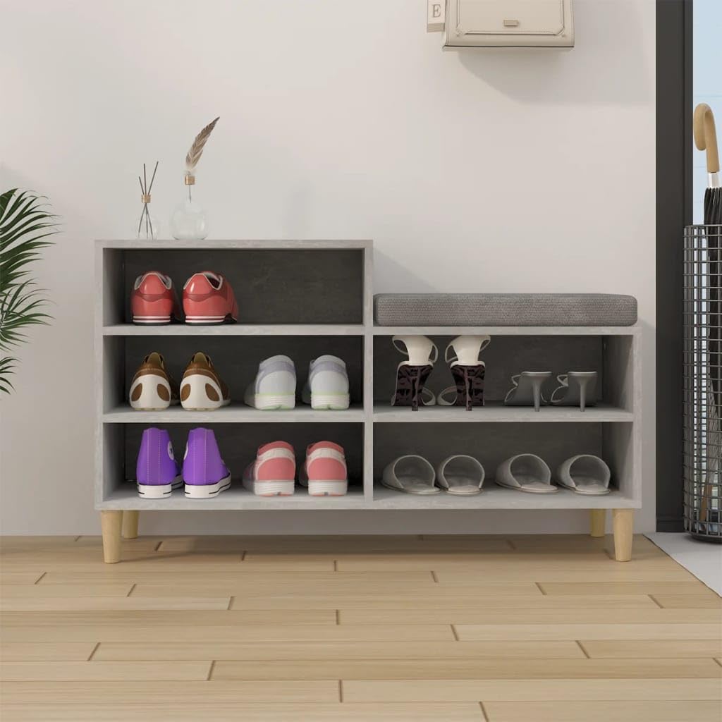 Scarpiera grigio cemento, 102 x 36 x 60 cm, in legno con gambe in legno, organizer per corridoio, ingresso, portaombrelli, sottile, salvaspazio