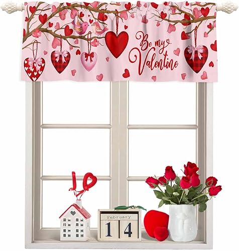 Cortinas de cocina rosas para el día de San Valentín, cenefas para ventanas, diseño de corazón rojo, árbol de amor, bolsillo para barra, cortina