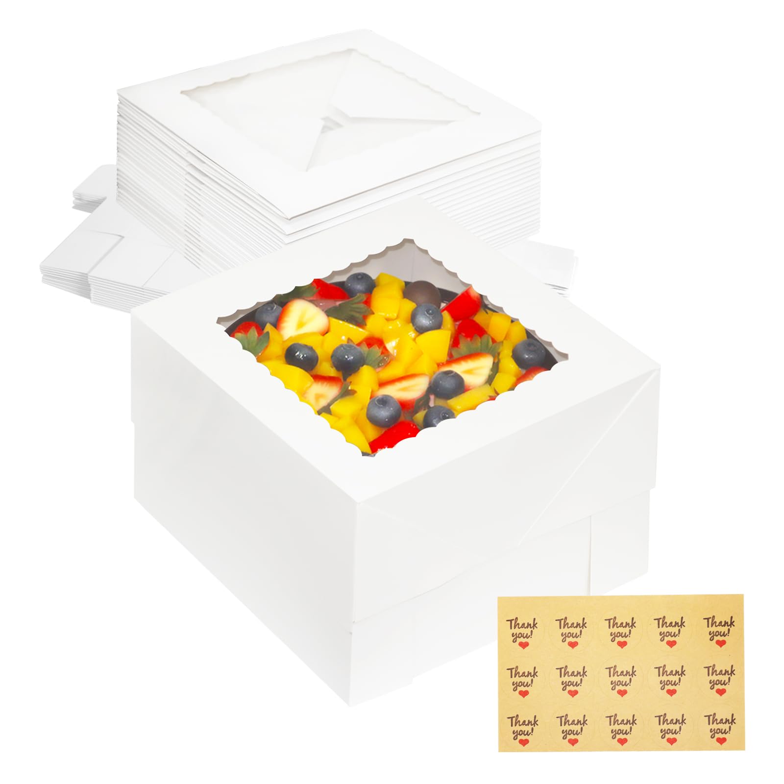 15PCS Cake Boxes with Window 10x10x8 Inch White Large Bakery Boxes Thank You Stikers for Gift Giving, Bundt Cake, Chocolate, Cupcakes, Pies, Donuts, Baked Goods