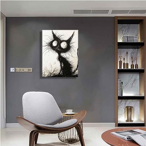 Miniatura 4 de Divertido lienzo de gato negro, arte de pared, gótico, espeluznante, felino, pintura, imágenes de Halloween, espeluznante arte en blanco y negro,