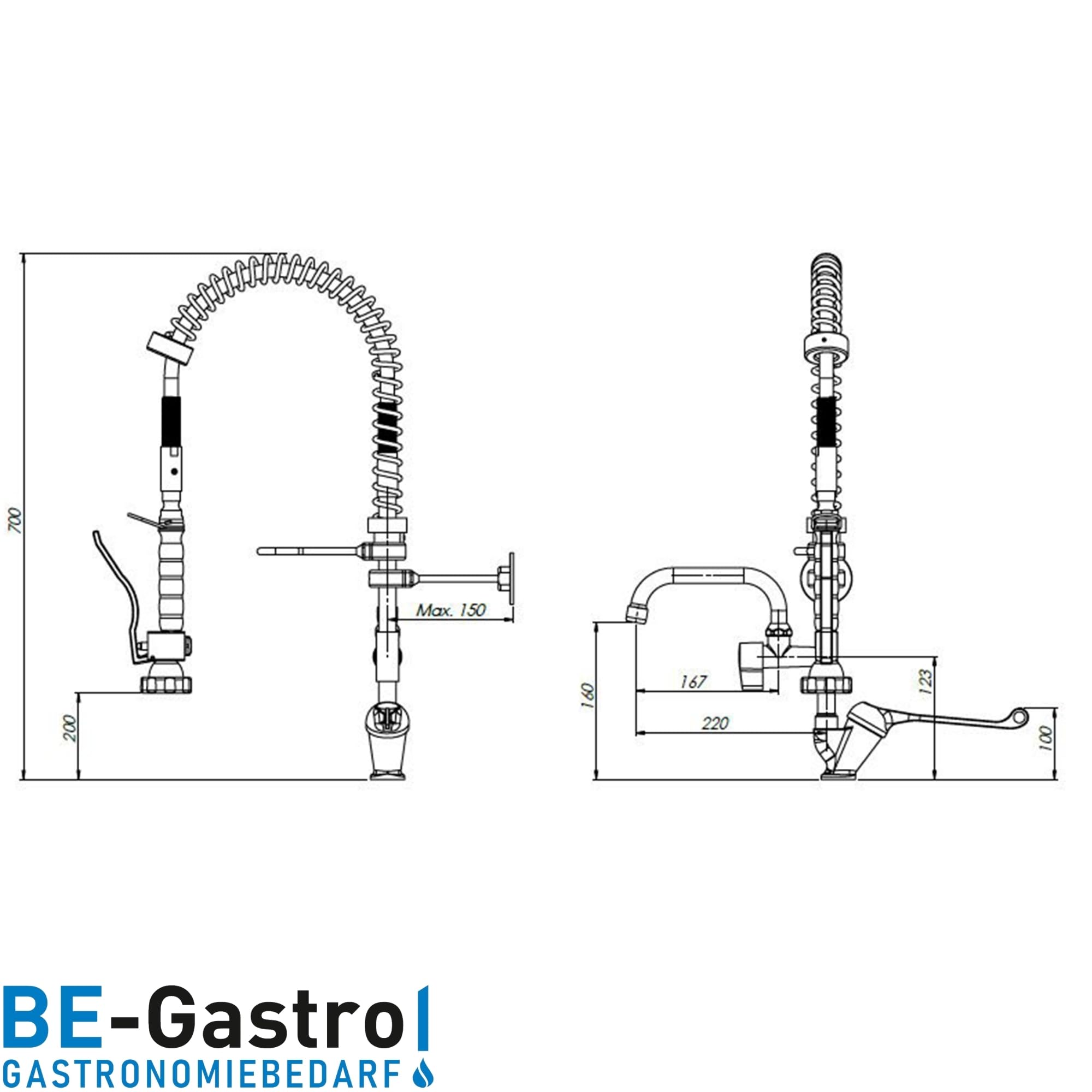 BE-GASTRO I Grifo Industrial Hostelería - Alcachofa de ducha (incluye grifo, grifo mezclador y mango ergonómico de palanca larga, 70 cm)
