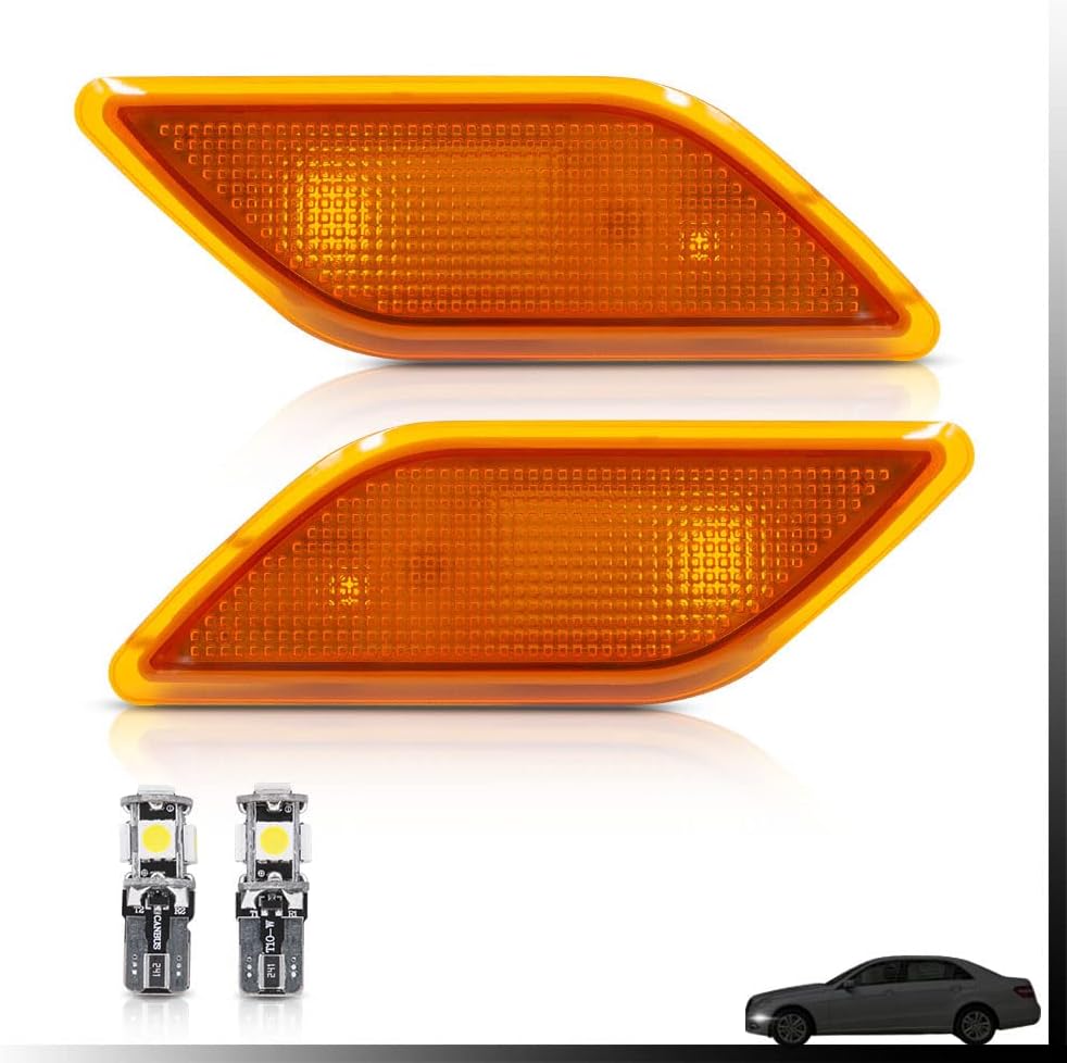 NJSBYL Amber Yellow Lens Front Bumper Side Marker Lights Lamp Housing for 2010-2013 Mercedes-Benz W212 E-Class Pre-LCI E350 E550 E63 AMG Sedan/Wagon Driver Fender Sidemarker OEM Lamps Replacements
