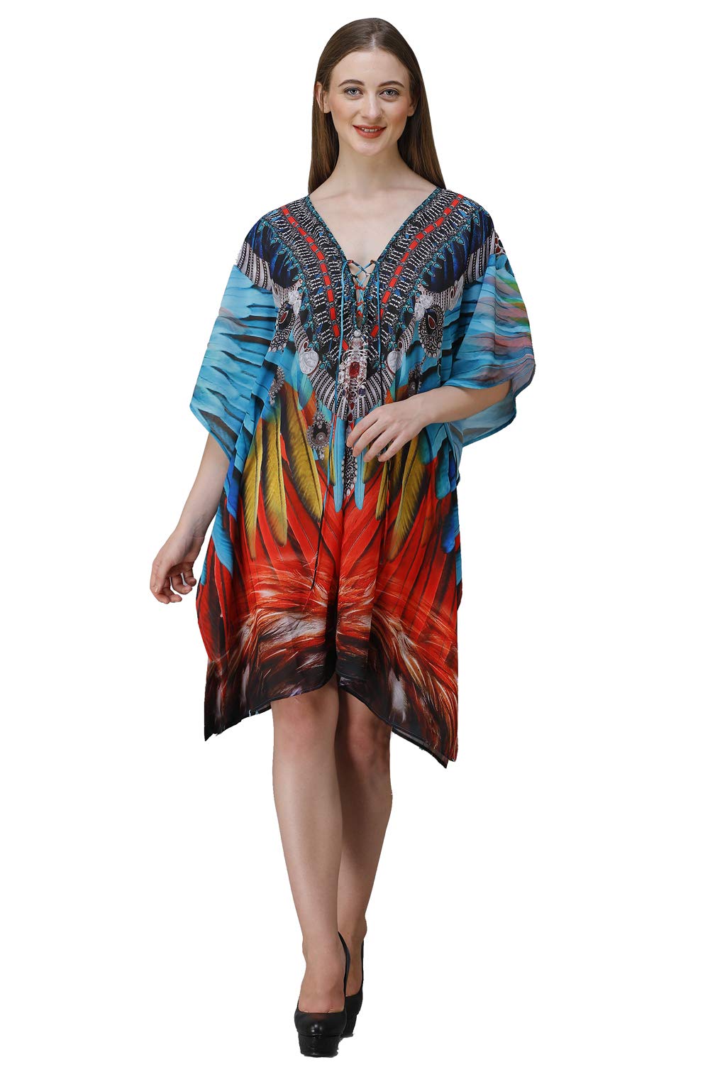 Chic V-Neck Digital Print Crepe Kaftan Dress – One Size Fits All (S-4XL) – Perfect for Summer Parties & Beaches Multicolour-image-39