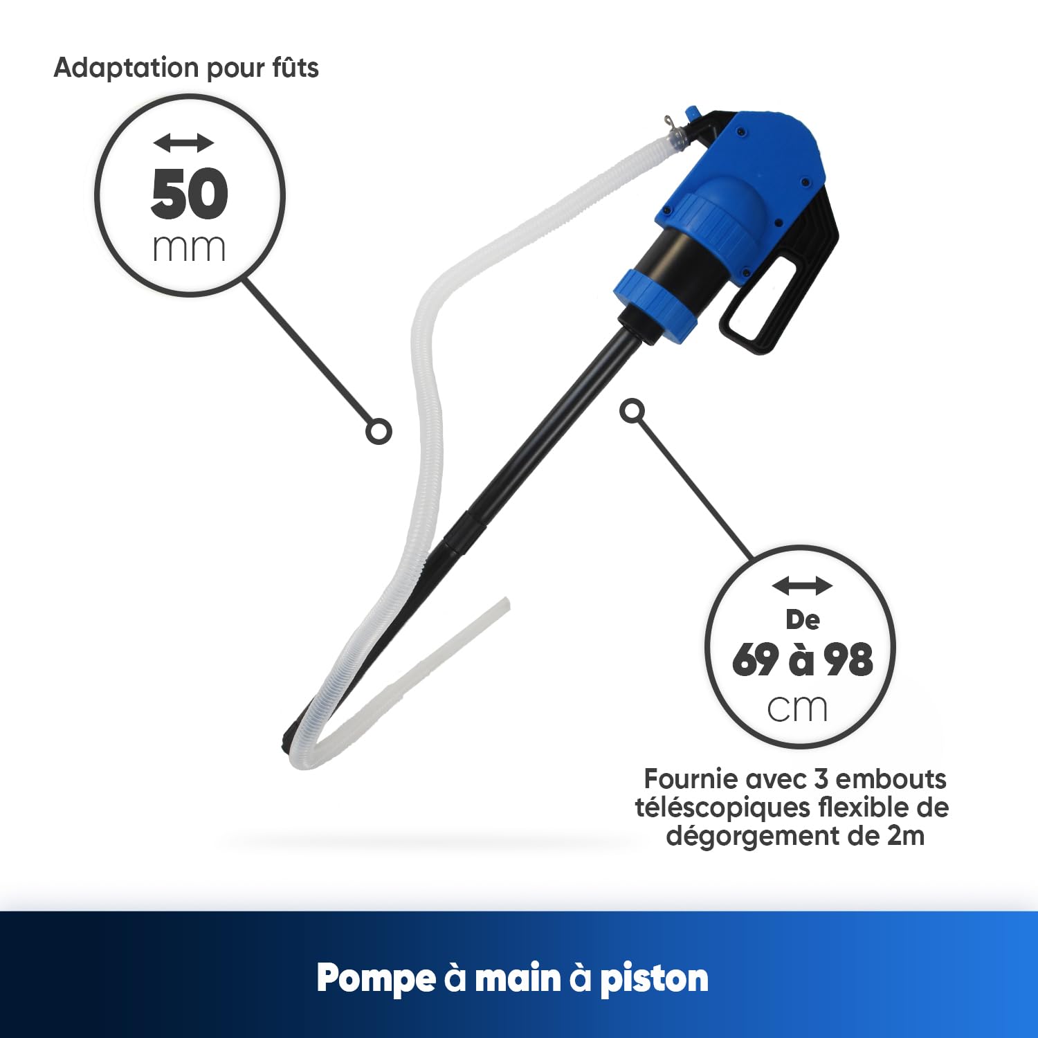 UNIVERSEL - Pompe À Main - Idéale Pour Carburants, Lubrifiants, Eau Et Plus - ‎Débit 0,50 L/Coup De Pompe - Adaptation 50mm - 3 Embouts Téléscopiques Inclus - 39,6 x 23 x 14,7 cm