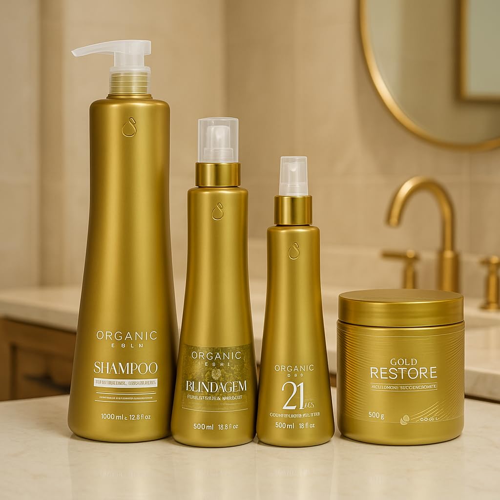 Organic Gold Kit Blindage Keratine Capillaire – Reconstruction Intense – 4 Produits : Shampoing Soft 1000ml, Blindagem 500ml, Masque Restore 500g, Spray Thermo-Protecteur 300ml