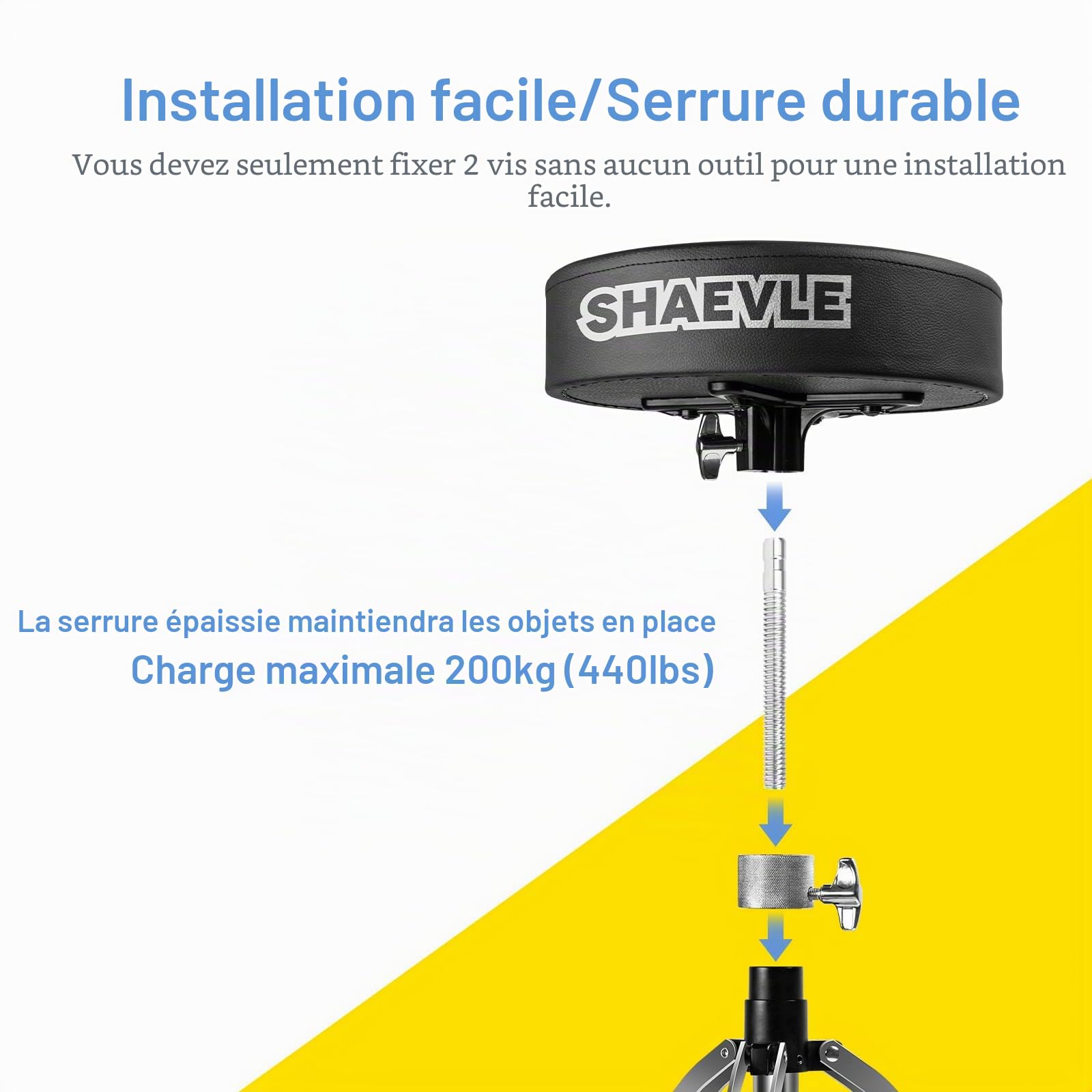 Drum Throne Tabouret de tambour pivotant à hauteur réglable avec double renfort antidérapant pour enfants et adultes avec baguettes 5A