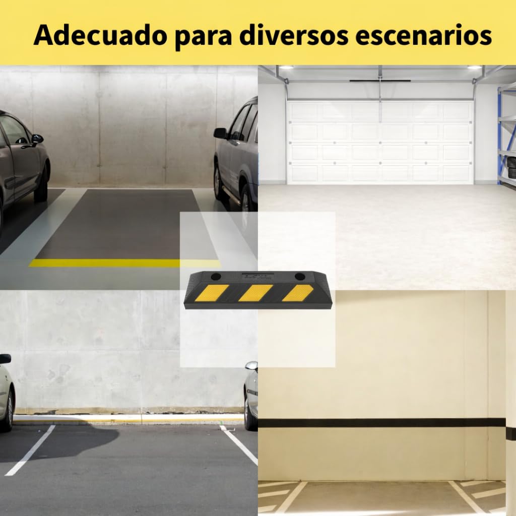 Juego de 4 muescas de goma, color negro, con bandas reflectantes amarillas para parada de rueda, aparcamiento, parada de garaje