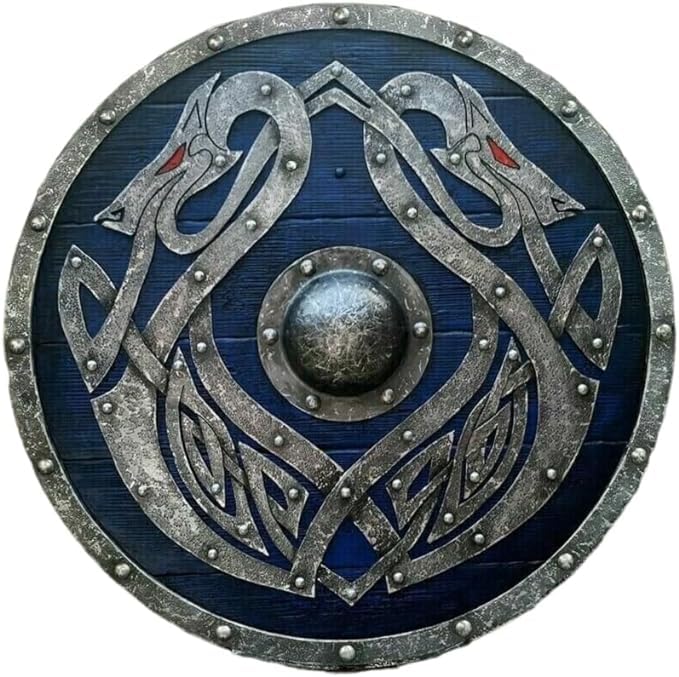 Generic ANTIQUEAURA Medieval Round Viking Shield Dragon Design Norse Blue & Grey Knight Battleworn Wood & Iron 24 inches Shield for Roleplay & Cosplay, Standard