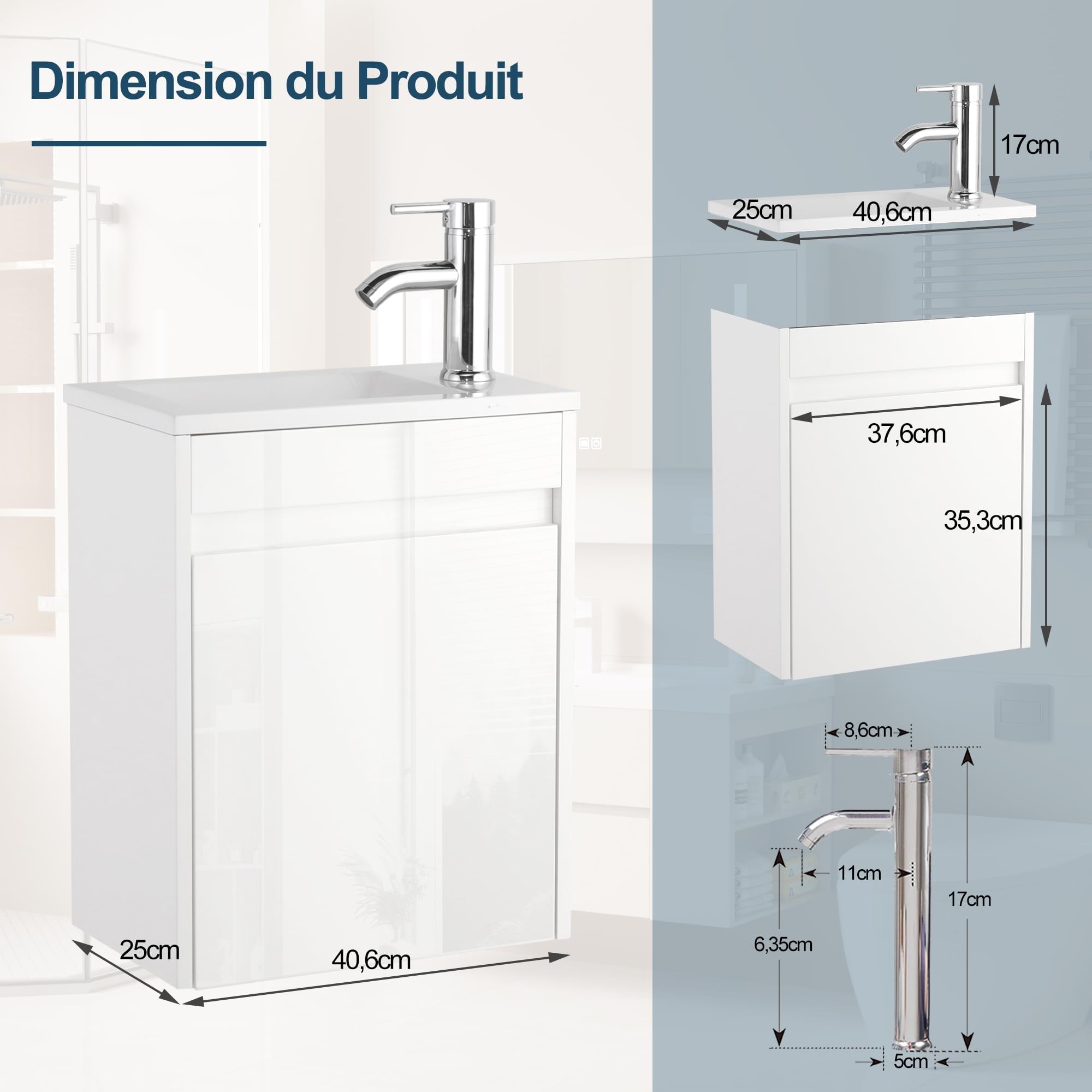 UEV Meuble de Salle de Bain Mural 41cm, Meuble de Lavabo Suspendu Blanc avec Rangement, Lavabo en Résine, Robinet Chromé, 41 x 25 x 50 cm, Blanc
