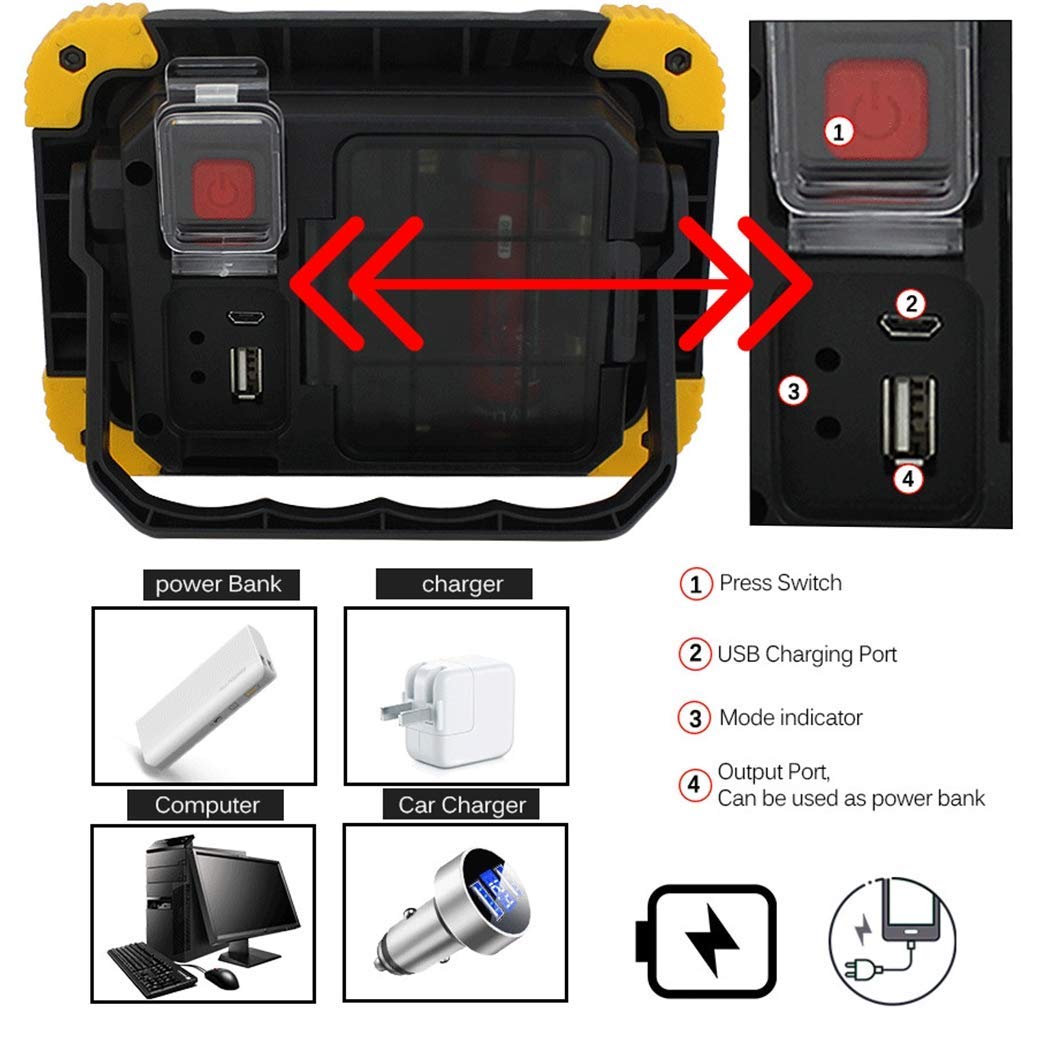 LED Wiederaufladbare Arbeitsleuchte, 10W Flutlicht, USB Tragbare Campingleuchte, IP65 Wasserdicht Strahler, 4 Beleuchtungsmodi für Auto Reisen Wandern Angeln