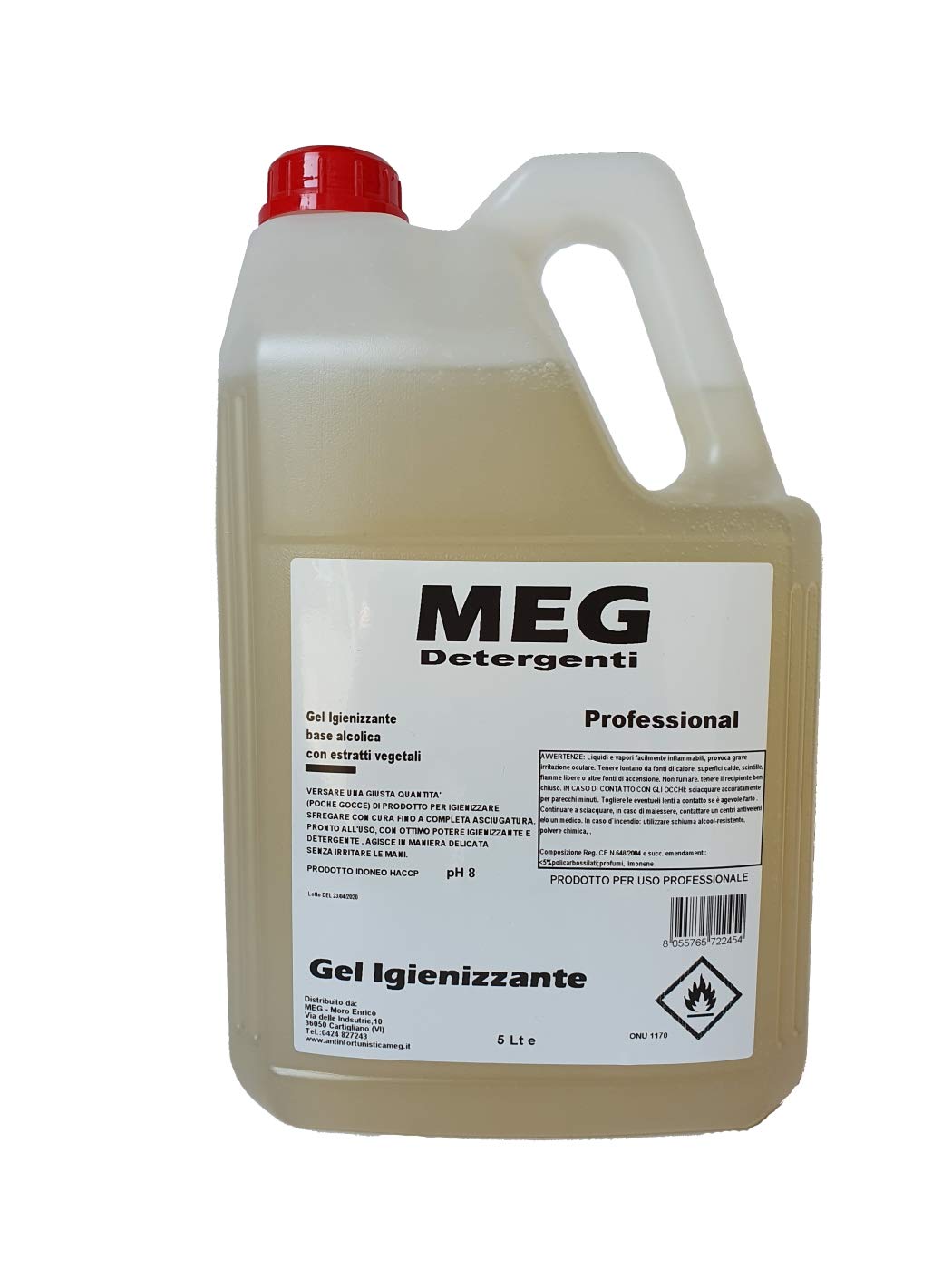 MEG gel igienizzante alcolico per mani senza risciacquo - Tanica 5 litri - Prodotto HACCP - ph8