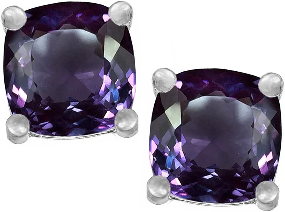 Star K Sterling Silver Cushion-Cut 7mm Earrings Studs Simulated Alexandrite