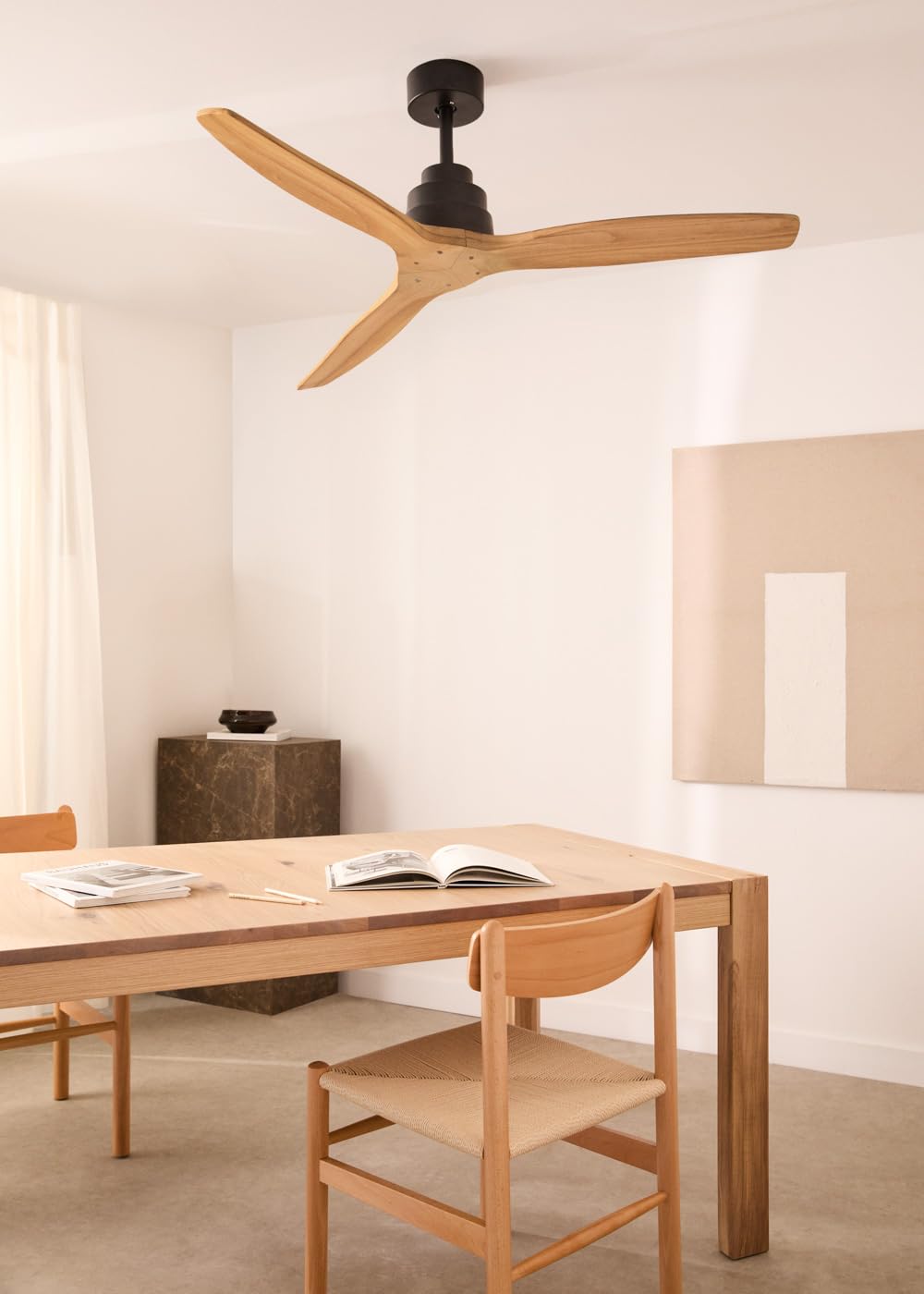 CREATE / WINDSTYLANCE NATURAL WOOD/Ventilador de techo negro aspas madera natural con controlador y mando / 40W, Temporizador, Ø132 cm, 6 velocidades, verano-invierno, doble altura