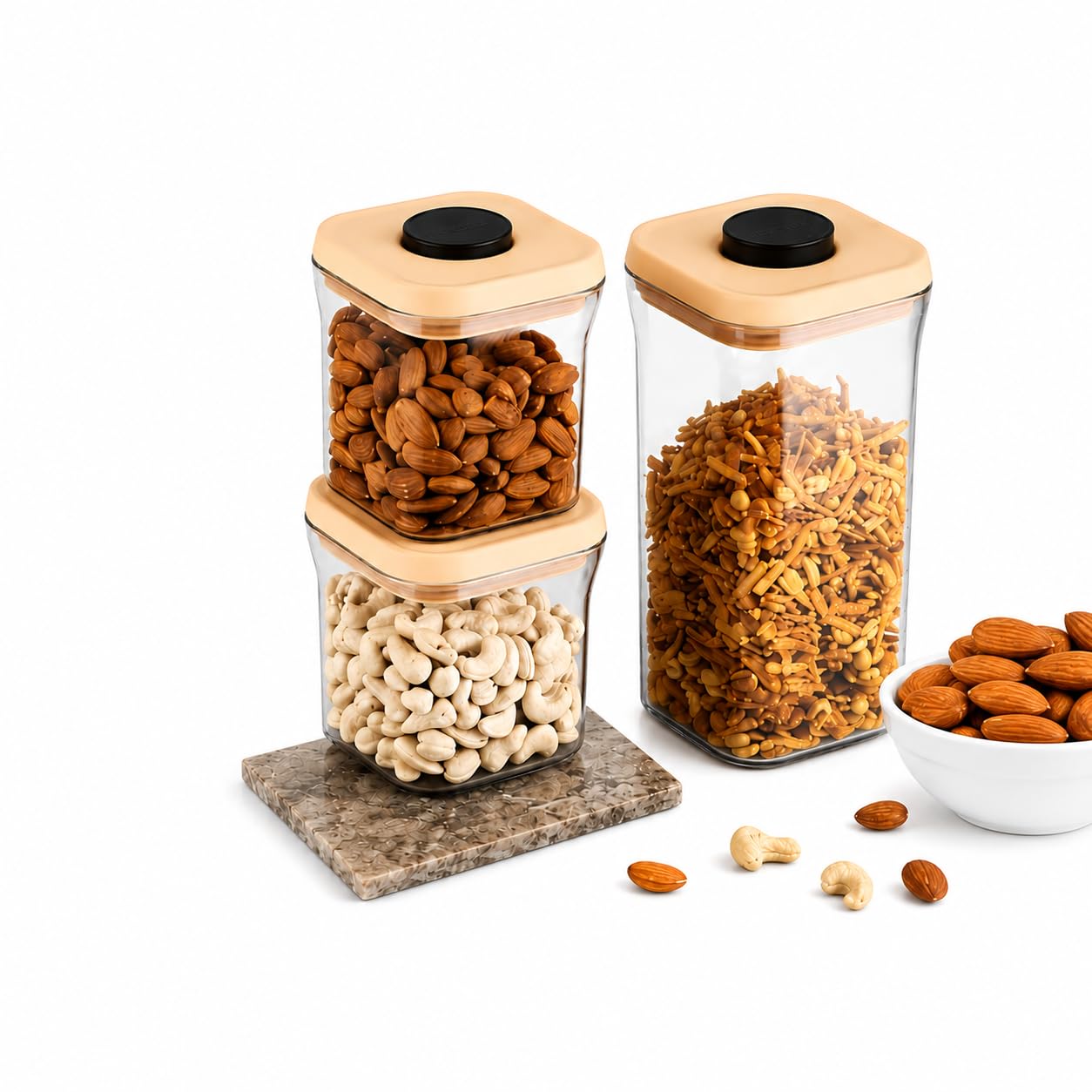 Airtight Storage Container (600ml + 600ml + 1100ml) | BPA-Free Food Grade Plastic Kitchen Storage Jars with Airtight Lids | Stackable Dry Food Containers - Set of 3 (Multicolor)-image-35