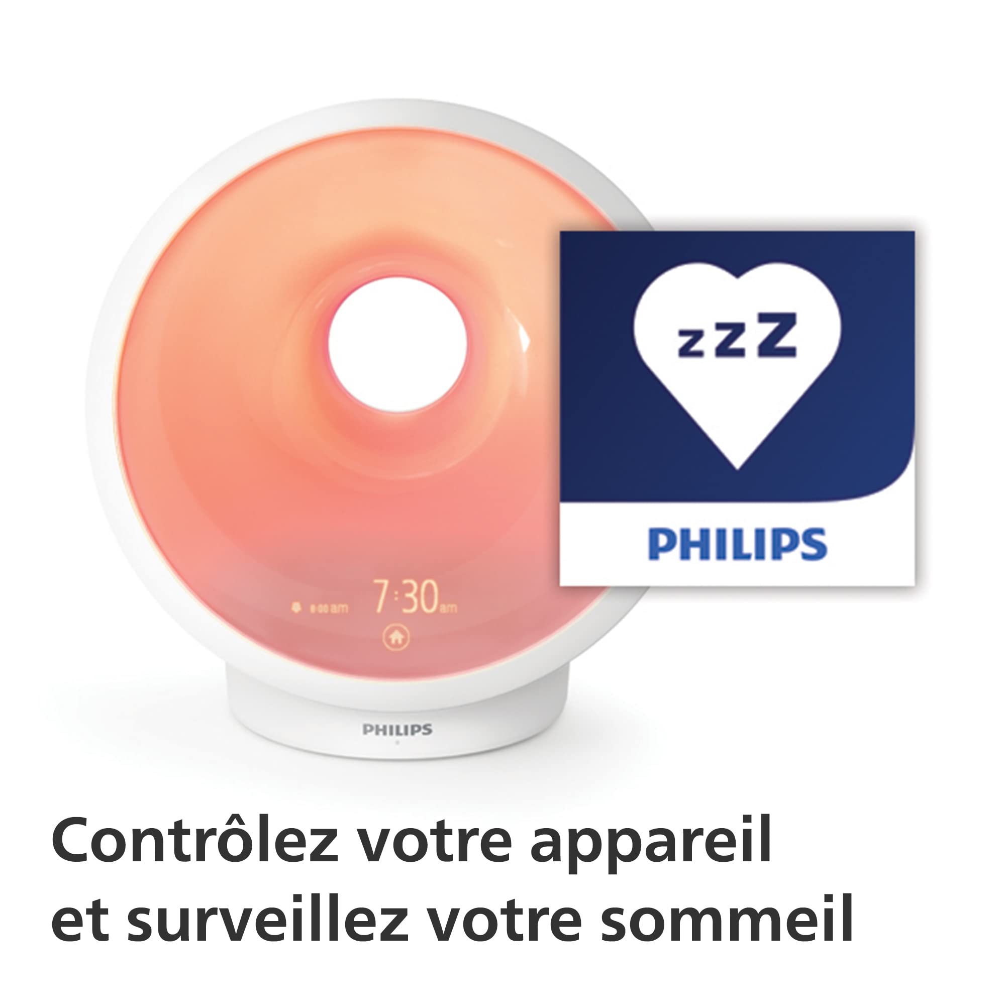 Philips Eveil-lumière et simulateur d'aube connecté, lumière et sons personnalisés, capteur d'environnement AmbiTrack, fonction de relaxation et de respiration, App SleepMapper (Modèle HF3671/01)