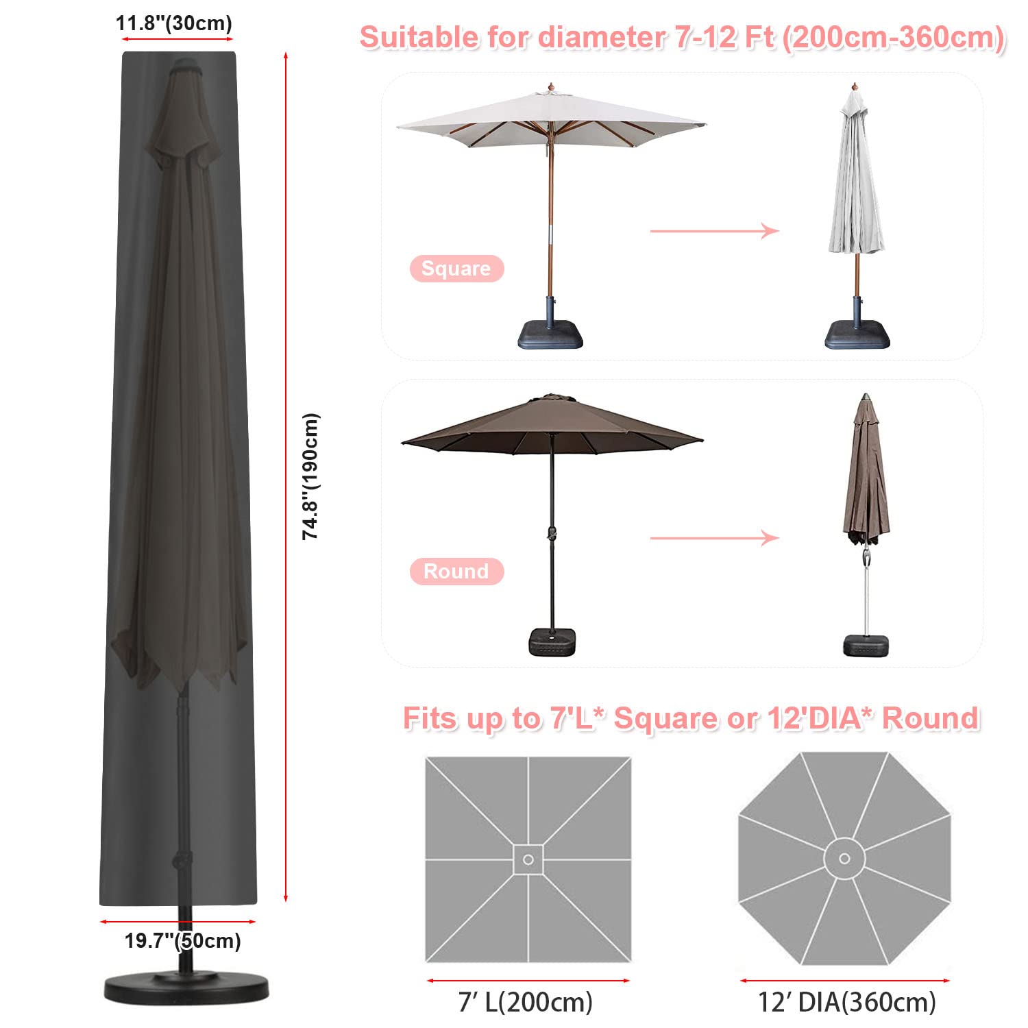 Housse de parasol de jardin imperméable 190x30/50cm anti-UV coupe-vent parasol 2-3 m