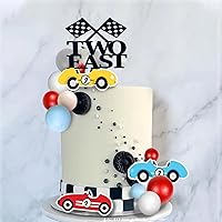 Vista 3 de Decoración para pastel de carreras rápidas, acrílico negro con temática de coche de carreras para fiesta de segundo cumpleaños/aniversario