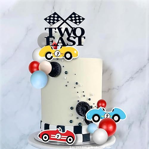 Vista 3 de Decoración para pastel de carreras rápidas, acrílico negro con temática de coche de carreras para fiesta de segundo cumpleaños/aniversario