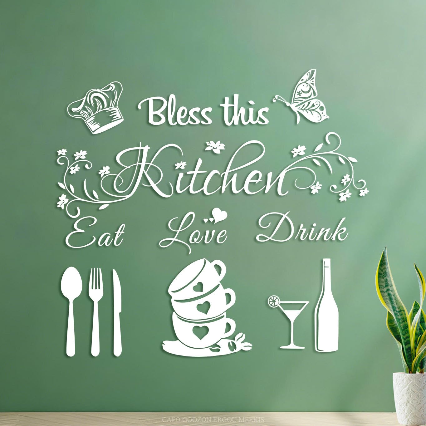 Ergou -R9750 Wall Stickers Paster Paper Bless This Kitchen Eat Love Drink 35X38cm Easy Installation White