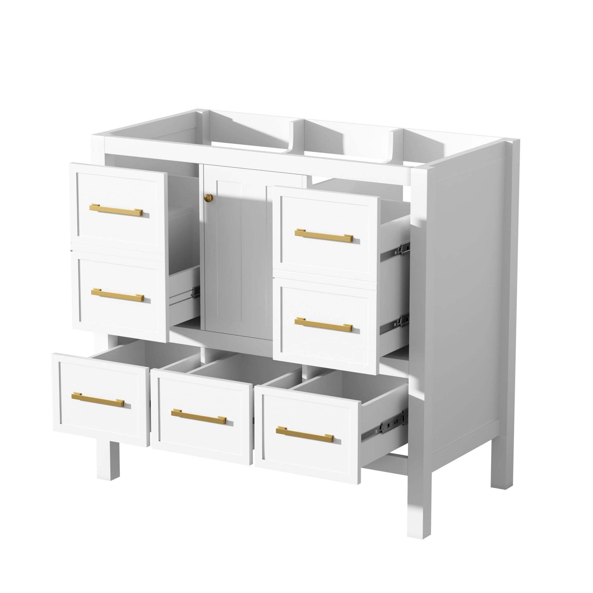 Favfurish 36" Bathroom Vanity Without Sink, Freestanding Solid Wood Frame Storage Cabinet with 5 Drawers and Soft-Close Door, Gold Metal Knobs, Easy Assembly, Water-Resistant Painted, White