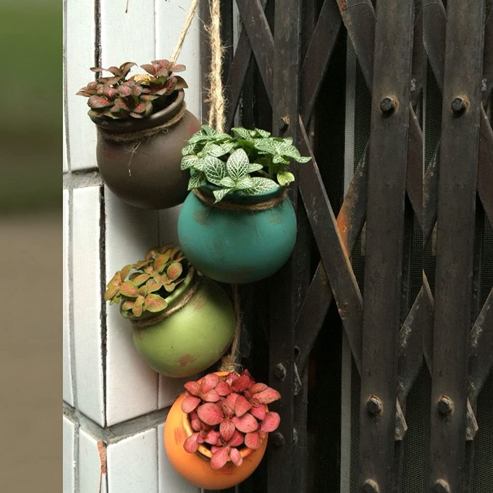 TOMYEUS Wiszące doniczki, wisząca doniczka, wiszące ceramiczne doniczki, na ścianę lub do montażu sukulenty z liną jutową, na balkon, parapet, do domu, ogrodu, 4 szt., wieszak na rośliny (kolor: A)
