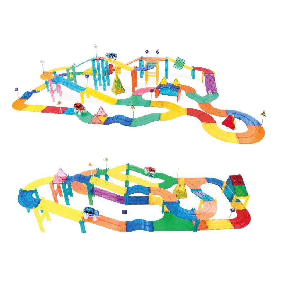 Mag-Shape Magnetic tiles 116 pieces Race Car Track Building Block Educational Toy Set Magnetic Tiles Magnet DIY Playset 2 Light Up Car STEM Learning Construction Kit Fine Motor Skill Training