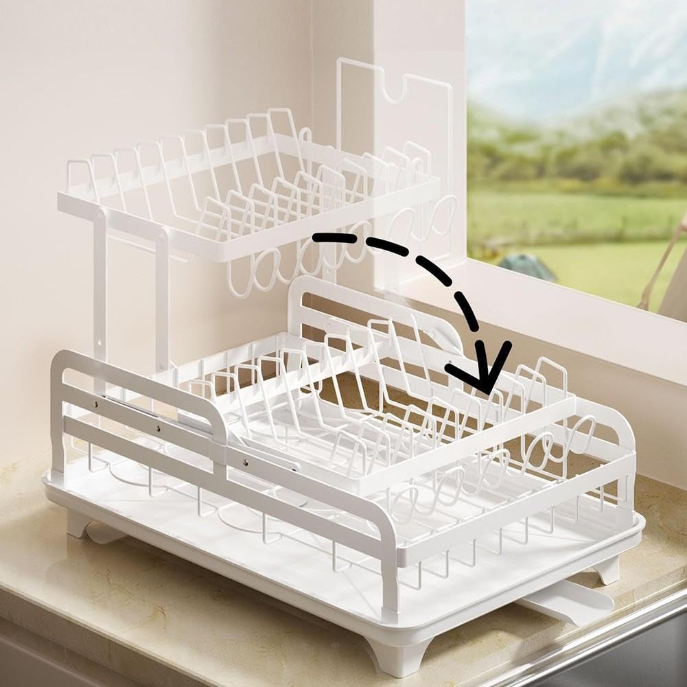 Scolapiatti 2 Livelli Espandibile in Acciaio con Drenaggio Girevole - Organizer Cucina Salvaspazio per Piatti e Posate 43x30x17cm(BLACK)